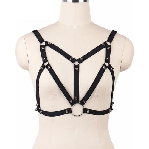 Gothic Elastic Studs Harness Bra Black Body Cage Bra Erotic Sexy Bondage Lingerie Harajuku Body Harness Women Bodysuit O0004