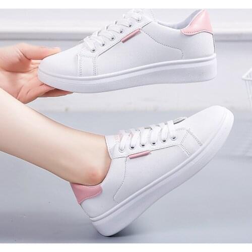 HersevLL Women Female Ladies Girl Student PU Leather White Shoes Flats Lace Up Soft Vulcanized Shoes Korean 35-40