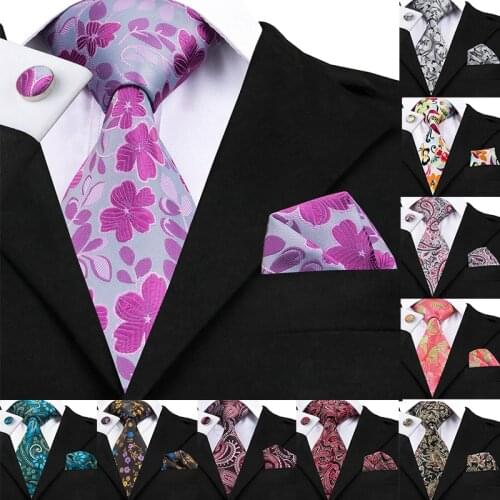 Hi-Tie Large Mens Tie Gray 100% Silk Handky Cufflinks Set Ties for Men Luxury Floral Fashion Designer Business Wedding Necktie