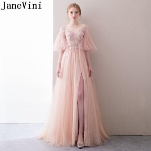 JaneVini Luxury Coral Pink Long Prom Dresses High Split Beaded Sequins Tulle Bridal Wedding Party Dress 2018 Bridesmaid Gowns