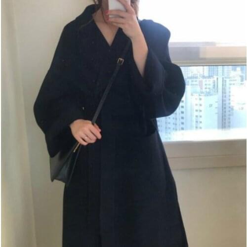 Woolen Coat Cardigan Loose Plus Size Outwear with Pocket Turn Down Collar Women Yellow Elegant Winter Wool Overcoat Long Bandage