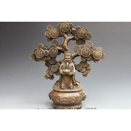 China Copper Bronze Pachira Tree God of wealth Folk Feng Shui Buddha Statue