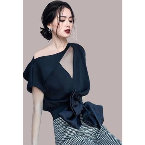 2 Pieces Sets Summer Womens Hollow Out Bow Tops Blouses Bandage Bodycon Midi Houndstooth Skirts Vintage Sexy Party Slim Clothes