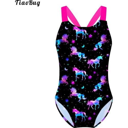 TiaoBug Summer Sleeveless Wide Shoulder Straps Sapphire One-Piece Swimsuit For Little And Big Girls With Horse And Stars Pattern