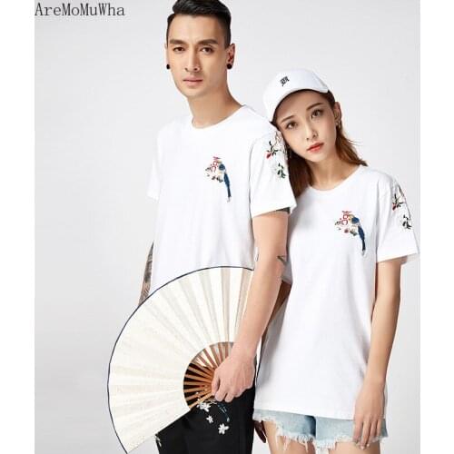 Mens Wear Summer Chinese Style Original Magpie Embroidery Loose Large Size Trend Couples Wear Short Sleeves T-shirt Men Women