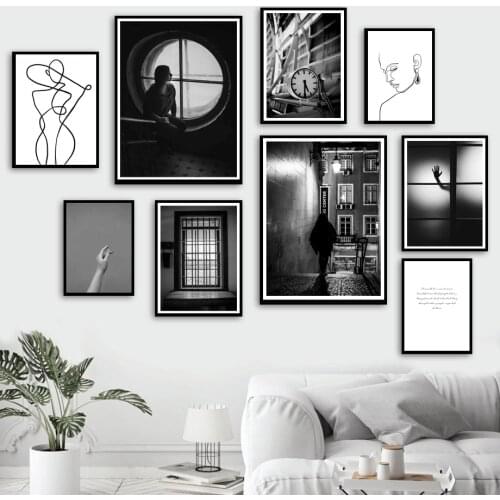 Black White Line Girl Building Clock Hand Wall Art Canvas Painting Nordic Posters And Prints Wall Pictures For Living Room Decor