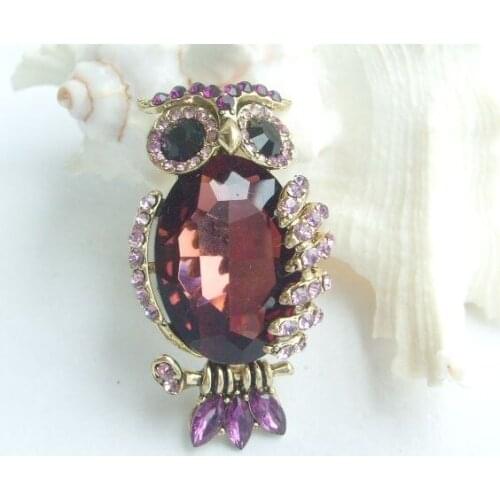 Charming Bird Owl Brooch Pin w Purple Rhinestone Crystals EE05014C2