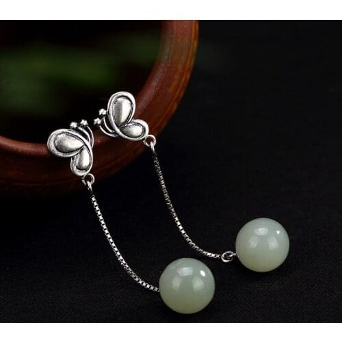 2018 Real Limited Brinco S925 Pure Antique, Old Natural Hetian Jade Mosaic Butterfly Lady High-end Ear Pendant Wholesale