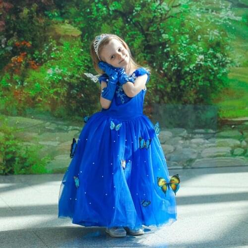 Cendrillon Princess Girls Dress Fairy Tales Deluxe Cosplay Costume Cenderella Blue Gown Kids Party Halloween Birthday Clothing