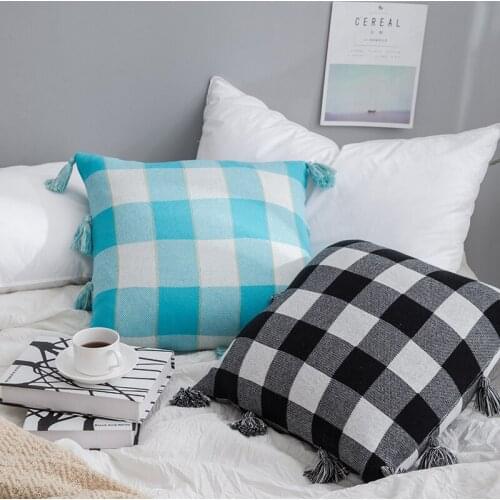 Plaid Cushion Cover Vintage Tassels Square Pillow Case Blue Black 45cm*45cm Soft Home decoration Zip Open Room Deocr