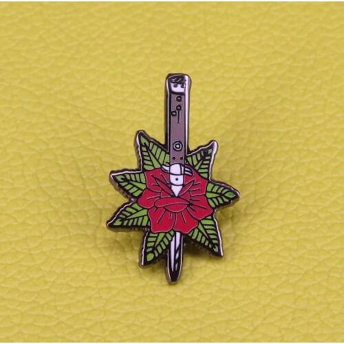 Rose and sword brooch delicate but deadly shield enamel pin flower gift for her