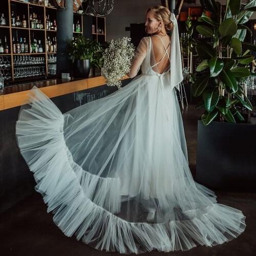 Criss Cross Open Back Wedding Dress Long Sleeves Tulle Plus Size Illusion Scoop Neck Simple Spaghett Straps A Line Bridal Gowns