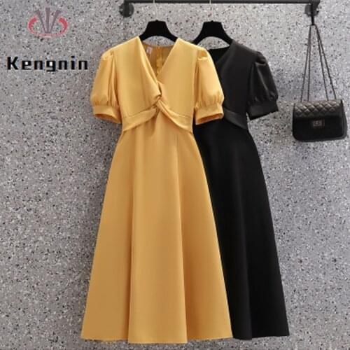 Oversized Loose Womens Dresses Summer French Style Lady Vestidos Dress Short Puff Sleeve V-Neck Folds Female Robe Dress KE1667