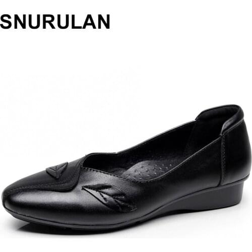 SNURULAN Spring Fashion Pointed Toe Flats Women Genuine Leather Leaves Decoration Low Heel Party Shoes Elegant Ladies Flats