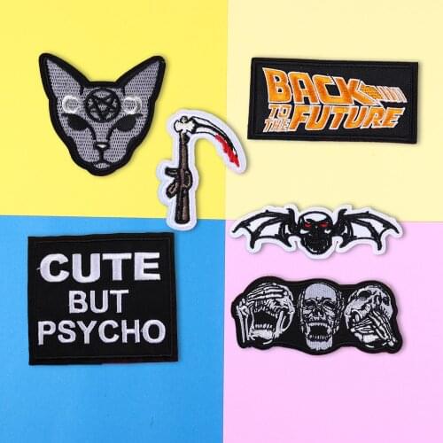 Punk style Reapers Scythe Patches Black letter Cat Appliques Iron On skull Clothes Jeans Badges Clothing Accessories