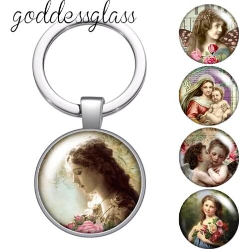 Vintage beauty Lady Retro style bady girls Round glass cabochon keychain Bag Car key chain Ring Holder Charms keychains for gift