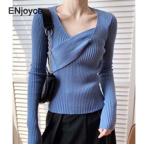 Women Spring Autumn Sexy V Neck Knitting Sweater Cropped Tops Slim Fit Korean Style Pullovers Office Ladies Knit Sweaters