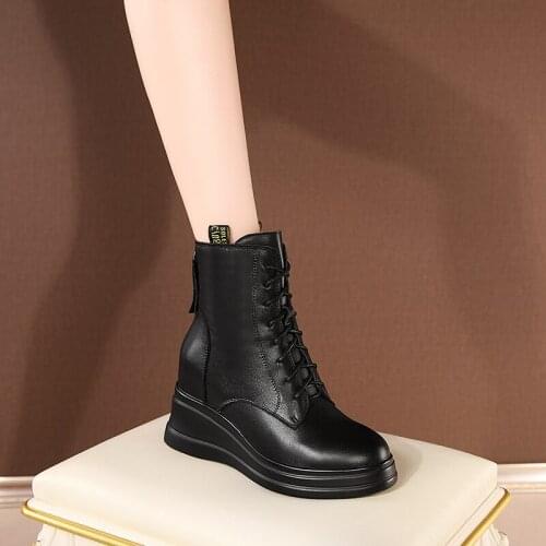 SKLFGXZY 2020 New winter Japan South Korea Genuine leather ankle Women boots 8cm wedges Fashion boots black Women shoes