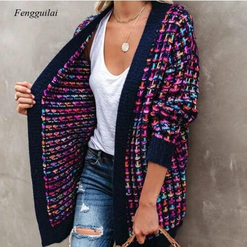 2021 Winter Womens Bohemian Plaid Cardigan Retro Long Coat Womens Color Coat Knit Slim Sweater Cardigan Pocket
