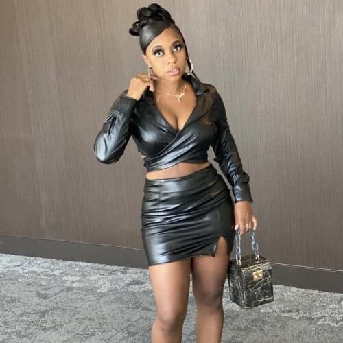 Pu Leather Women 2pcs Dress Set Solid Autumn Long Sleeve Deep V Neck Crop Top And Skinny Mini Skirt Sexy Nightclub Party Outfits