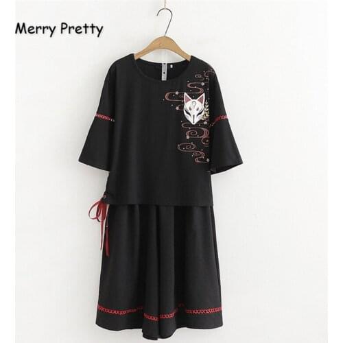 Merry Pretty S-XL Black Womens Two Piece Set Fox Print Cotton T Shirt +Wide Leg Pants 2020 Short Sleeve O-Neck Lace Up T Shirts
