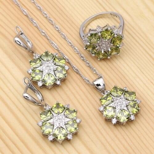 925 Silver Jewelry Sets For Women Party Accessories Olive Green Cubic Zirconia Flower Pendant Necklace Ring Earrings