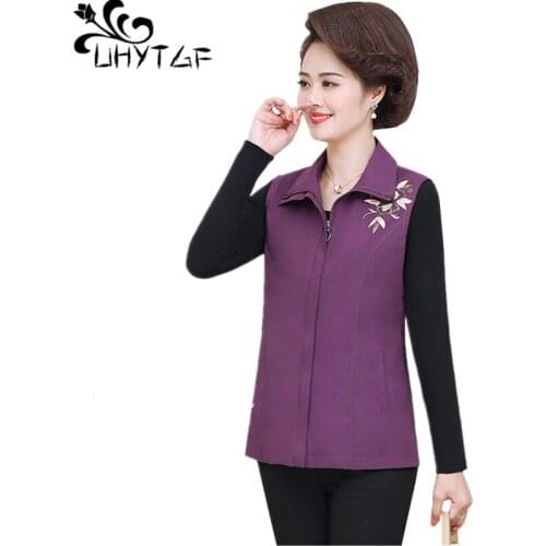 UHYTGF Vests for women fashion flowers elegant mom spring autumn vest female zipper Short plus size waistcoat chaleco mujer 857