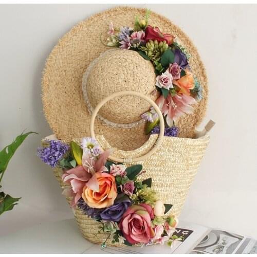 2021 New Straw Bag Hand-knitted Flowers Totes for Women Braided Handbag Beach Larger Capacity Woven Rattan Bags with Sun Hat