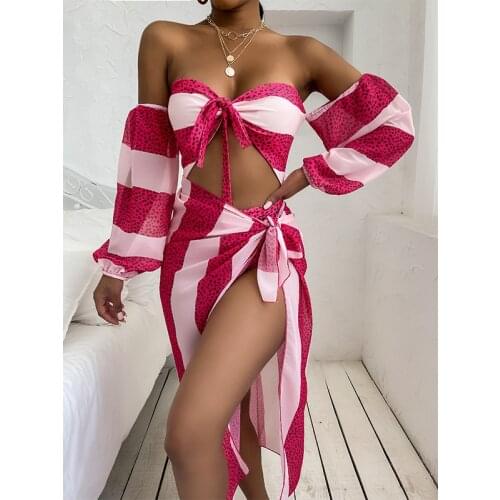 2021 Sexy Stripe Leopard Spliced Bikinis Set Womens Swimwear Off Shoulder Long Sleeve Hollow Monokini Swimsuit+Sarong Cover Ups