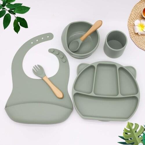 F1CB 6Pcs Toddler Silicone Tableware Waterproof Infant Bibs Baby Suction Plates Kits Food Grade Silicone Material
