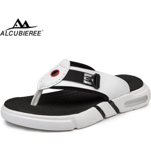 ALCUBIEREE Summer Mens Flip Flops Outdoor Thick Heel Slippers for Male Air Cushion Sandals Man Breathable PU Leather Beach Shoes