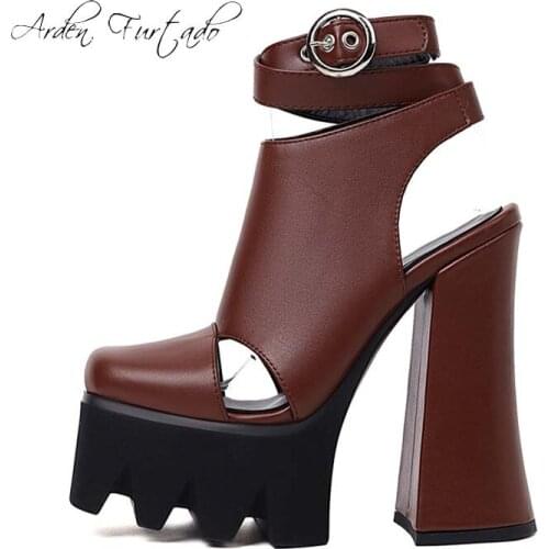 Arden Furtado Fashion Womens Shoes summer round Toe pu Leather Ladies gladiator casual platform chunky heels red sandals 41 42