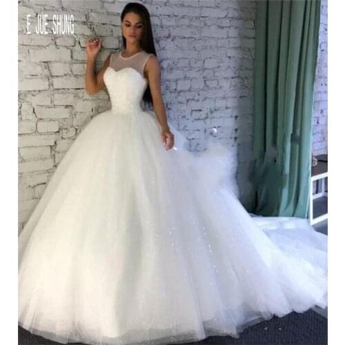 E JUE SHUNG Glitter Ball Gown Wedding Dresses Jewel Neck Sleeveless Lace Up Sequin Puffy Skirt Wedding Gowns vestido de noiva
