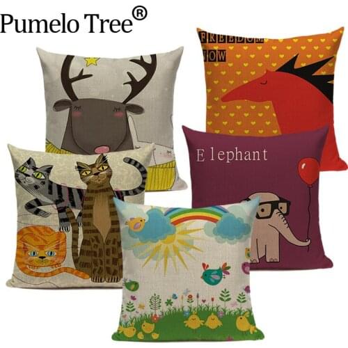 Cartoon Animals cat lion birds decorative cushion covers print linen throw pillows 45Cmx45Cm Square custon pillow cover