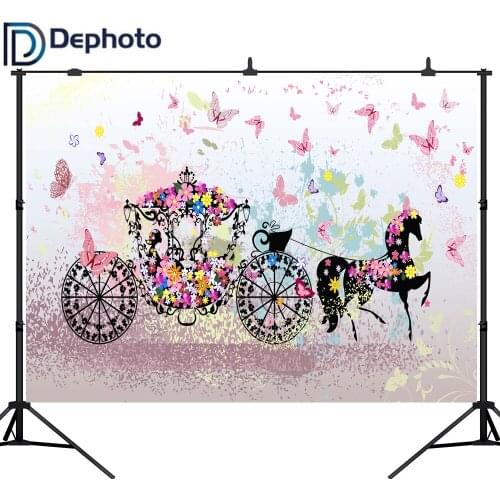 DePhoto Flowers Butterfly Princess Carriage Baby Shower Photography Backdrops Newborn Birthday Party Photo Background Studio
