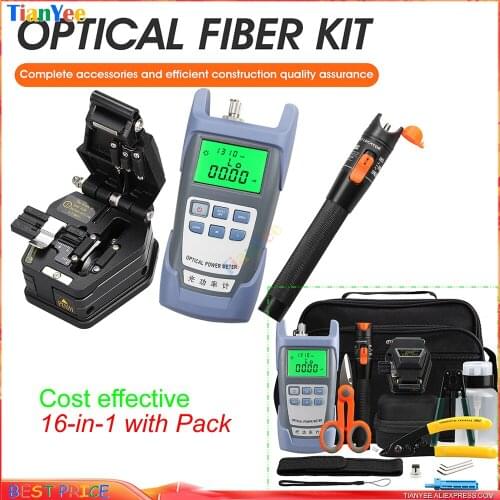 16pcs/set Fiber Optic FTTH Tool Kit with AUA-6C Fiber Cleaver Optical Power Meter 10MW Visual Fault Locator Wire stripper