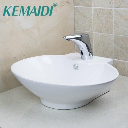 KEMAIDI White Ceramic Round Bathroom Sinks Countertop Bowl Sinks / Vessel Basins With Sensor Faucet Hand Free Tap& Pop Up Drain