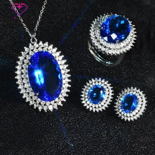 HuiSept Rings Earrings Necklace 925 Silver Jewelry Set with Sapphire Zircon Gemstones Accessories for Women Wedding Party Gift
