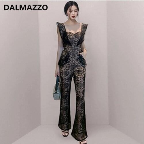 DALMAZZO Fashion Casual High Waist Slim Jumpsuit 2021 New Summer Women Spaghetti Strap Strapless Lace Wide-Leg Rompers Female