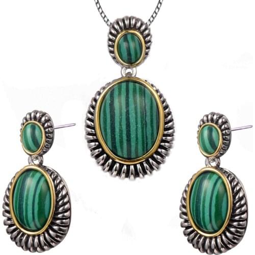 Vintage Malachite Pendant&Earrings Women 925 Sterling Silver Fashion Jewelry Set Pendant&Earrings TT698