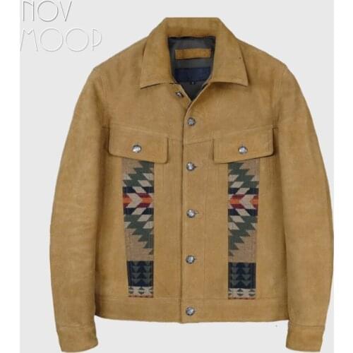 Novmoop tobacco color mens cow suade jacket patched with Navaho wool jacquard fabric vintage American indian style LT3482