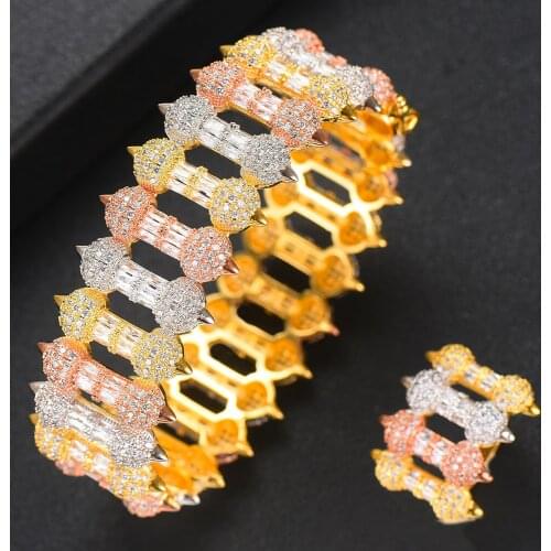 LARRAURI Luxury Bridal Wedding Chic Wide Bangle Ring Set Full Zircons Jewelry Sets Women Lovers Party Gifts Hand Accessories