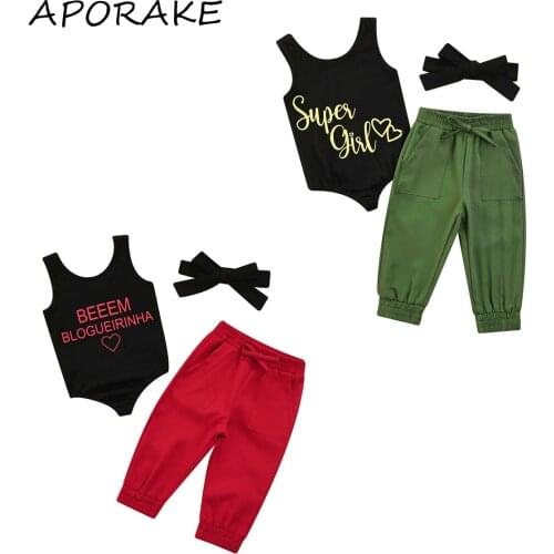 2021 0-5Y Cool Kids Baby Girl Clothes Set Letter Print Sleeveless Romper+Pockets Solid Pants+Headband Summer Outifts 3pcs
