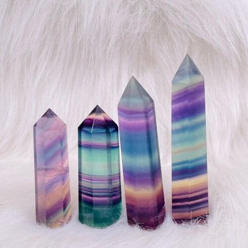 Natural Fluorite Crystal Colorful Striped 6-8CM Quartz Crystal Stone Point Healing Hexagonal Wand Treatment Stone