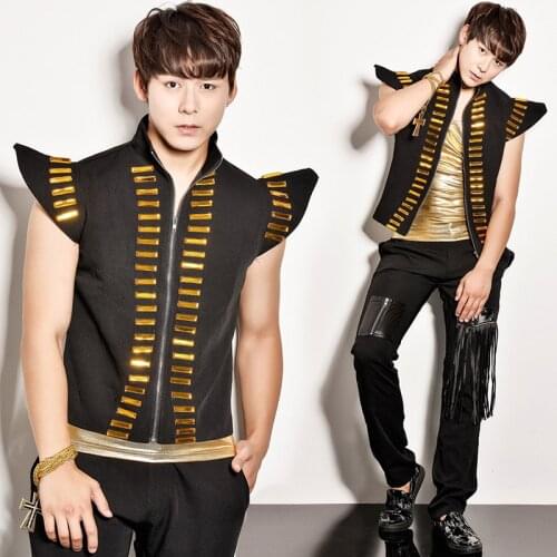 Nightclub Male singer dj punk rack drum clothes Mens Fashion Sequin Vest costume set party show stage performance wear