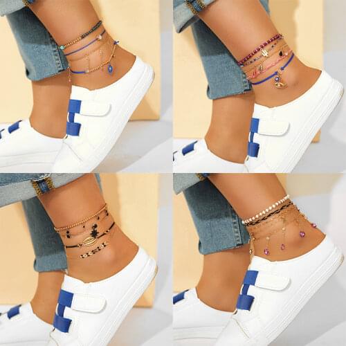Docona Boho Evil Eye Shell Crystal Anklet Set for Women Multilayers Cactus Star Bead Pendant Foot Chain Beach Jewelry Tobilleras