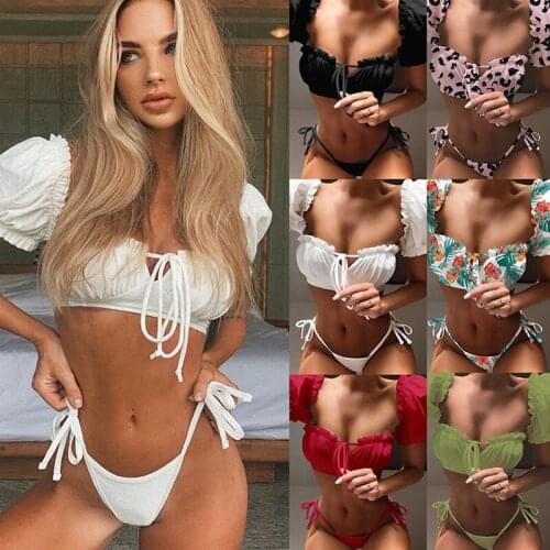 Solid white ruffle swimsuit female Bandeau bikini 2020 Short sleeve swimwear women Tie side bathing suit High cut Biquini