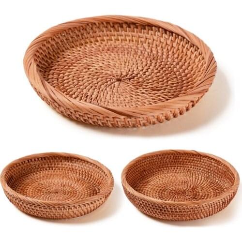 Hand-woven Round Fruit Vegetable Basket Wicker Picnic Tray Food Bread Dishes