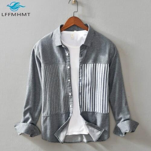 Men Lapel Outwear Spring Autumn Fashion Japan Style Casual Loose Striped Patchwork Long Sleeve Pure Cotton Shirt Mens Basic Tops