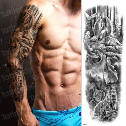 Temporary tattoo full arm sleeve tatoo temporary stickers for man boys sexy tatoo fake waterproof large size decal black women